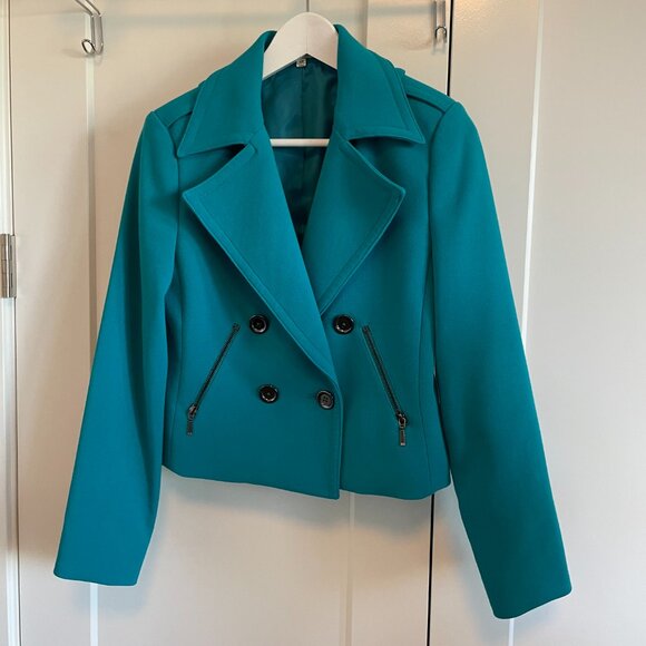 Bellefleur COLET Nordstrom Double Breasted Poly Blend Crop Moto Blazer Blue XS - Picture 14 of 14